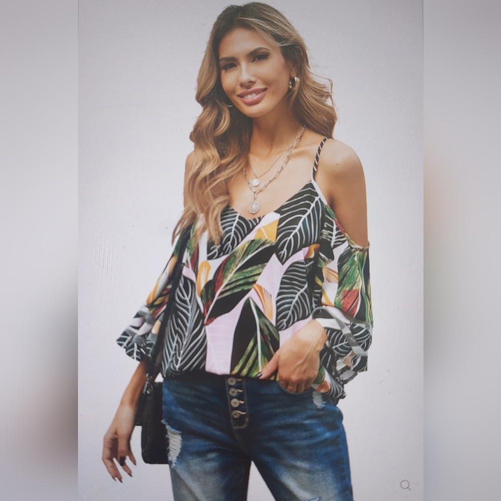 Tropical print cold shoulder blouse NWOT